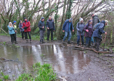 Photo of walkers tackling another large puddle – Feb 28, 2024