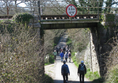 Photo of walkers passing under the railway at New Barn bridge – March 29, 2025