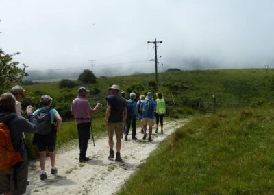 Photo of walkers making their way towards Godlingston Manor in the mist – June 11, 2025